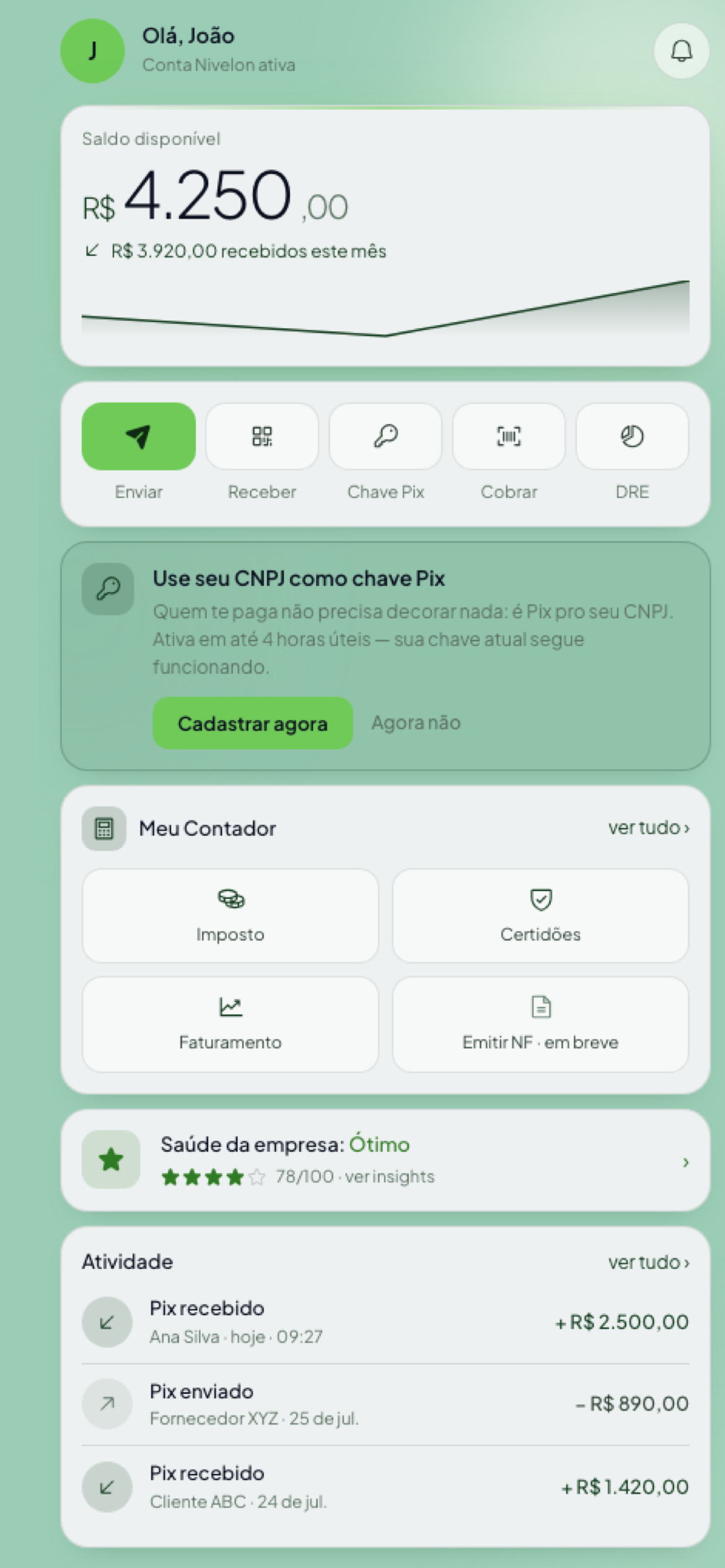 App Nivelon — conta digital com saldo, saúde da empresa e contador
